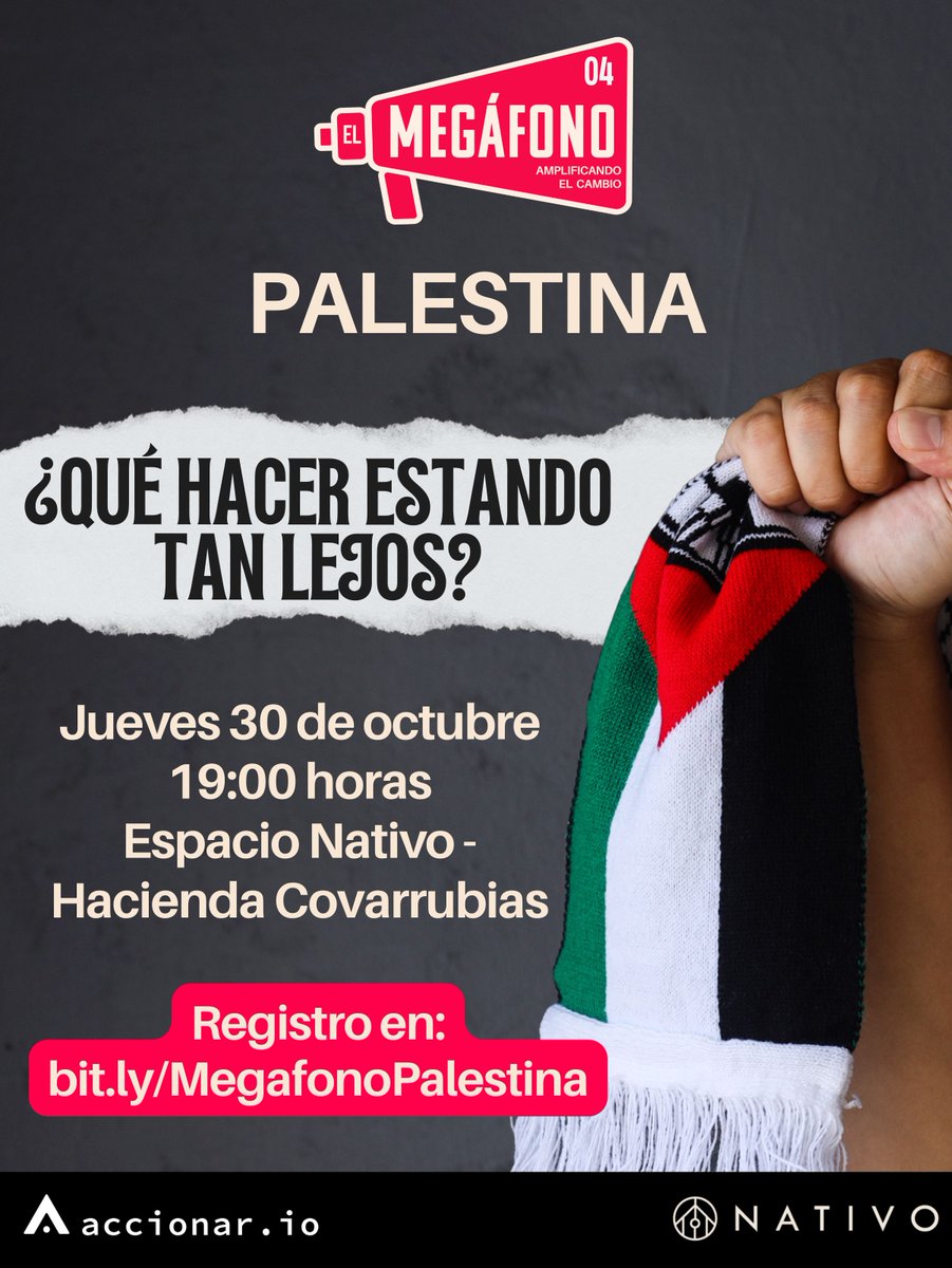 🇵🇸 Te esperamos el próximo jueves 30 de octubre, a las 7 pm con mezcal en mano, para hablar de Palestina en El Megáfono 📣en Espacio Nativo - Hacienda Covarrubias.

Regístrate ahora en: bit.ly/MegafonoPalest…
CUPO LIMITADO.