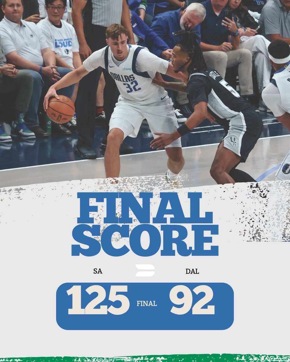 D210S's tweet photo. Final in Dallas: Mavericks fall 125-92 to the Spurs in the season opener. 😬

Victor Wembanyama dominated with 40 points, while Anthony Davis led Dallas with 22. Rookie Cooper Flagg added 10 in his NBA debut.

#MFFL | #DALvsSAS | #NBA | @_BOneal https://t.co/vXnuyJGuUF