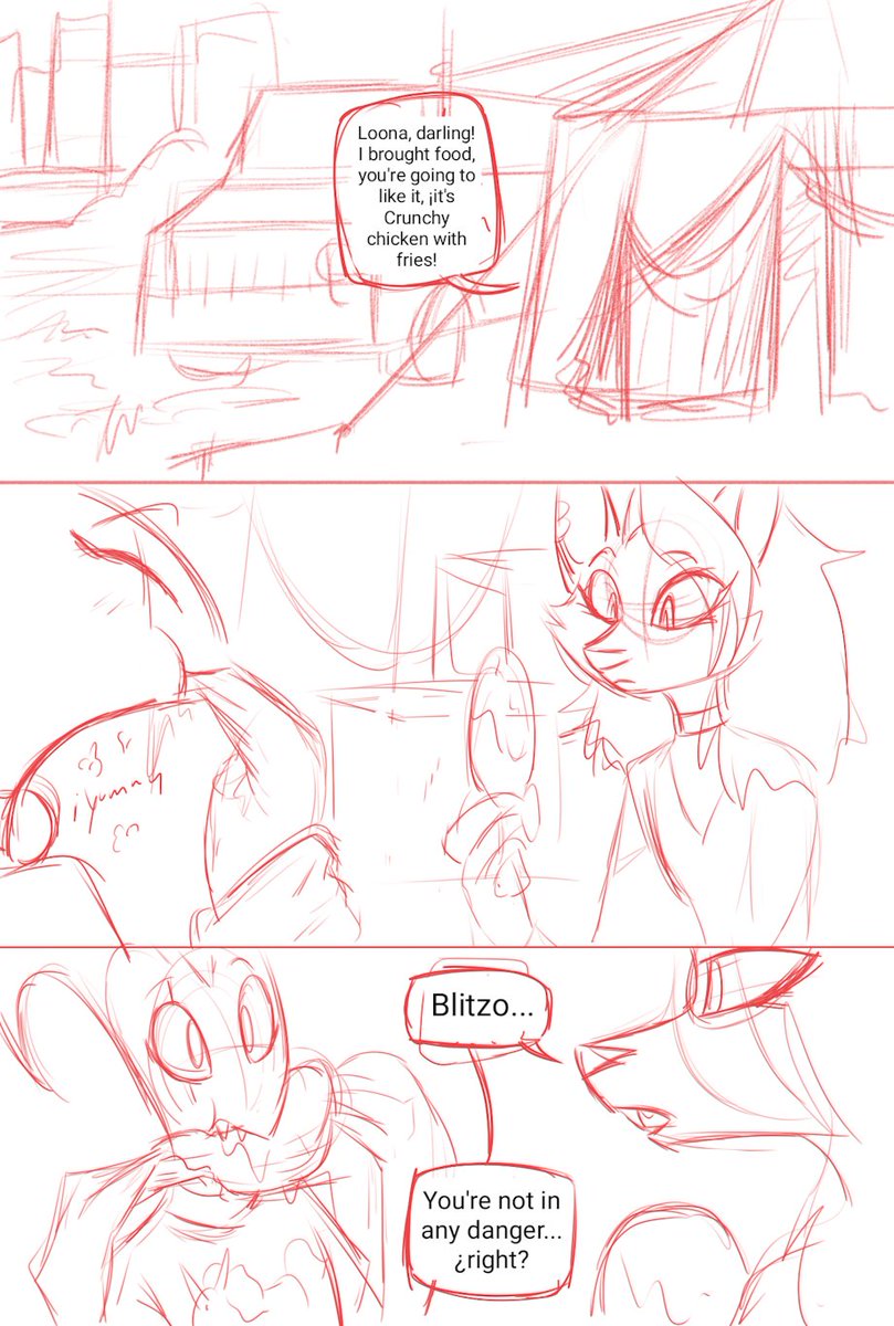 WARNING DEADDOVE
My English isn't perfect, I accept corrections 🙏🏻 
A mini-comic Sketch about Blitzo &amp; Loona surviving (them still don't know Moxxie &amp; Millie yet) also too I based on Robbie Williams' song -Feel- that I related a lot to Blitzo, was my inspiration to made this