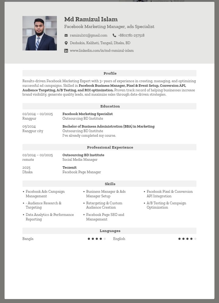 mdramizulno1's tweet image. সম্প্রতি একটা নতুন Professional CV তৈরি করেছি ✍️
চেষ্টা করেছি নিজের দক্ষতা, অভিজ্ঞতা আর অর্জনগুলোকে সুন্দরভাবে সাজাতে।
এখন জানতে চাই — তোমাদের চোখে কেমন হয়েছে?
কমেন্টে তোমার মতামত জানাও 💬
#CVDesign #ProfessionalCV #CareerUpdate  #CVTips #CreativeCV #ResumeDesign