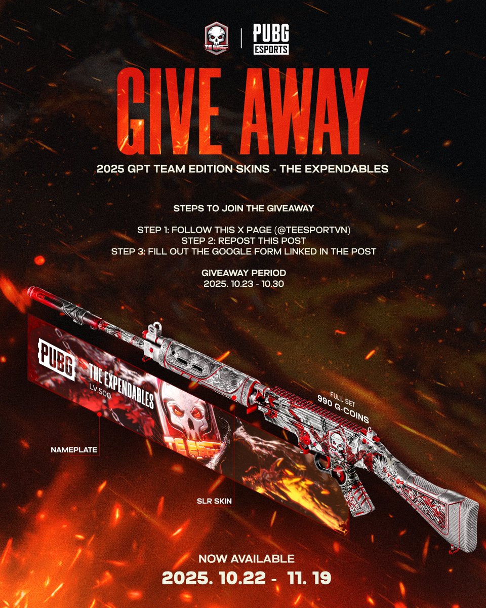 Celebrate TE’s global honor with a PUBG Giveaway! Prize: 2025 GPT Team Edition – TE skin code
Event: Oct 23–30
 How to join:
1️⃣ Follow <a href="/teesportvn/">The Expendables PUBG</a>
2️⃣ Repost this post
 Winners announced after Oct 30.
Fill out the form after completing the steps. forms.gle/ozeCZHtTBVwcH3…