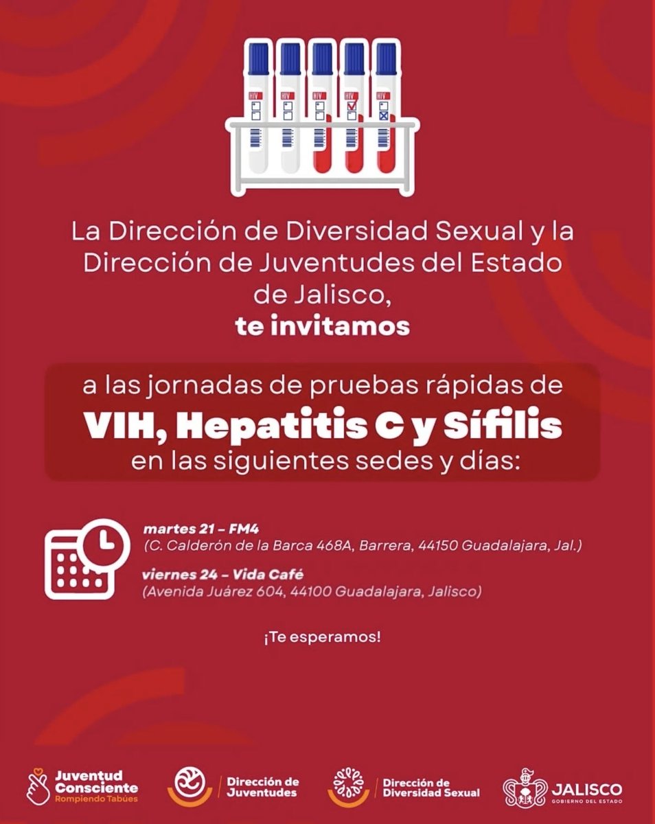 ¿Ya te hiciste tu prueba de VIH, sífilis o hepatitis? 👀
Este viernes habrá pruebas gratis, rápida y sin rollos 💉✨

📍 Vida Café
🕓 4:00 a 9:00 p.m.

Cae con confianza, todo es discreto, seguro y sin juicios 💜
Cuida tu salud y presume tu orgullo 🌈🔥