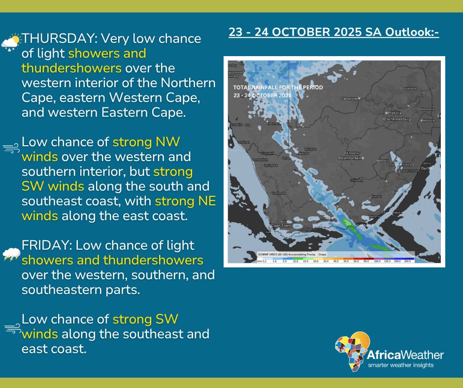 23-24 October 2025 Weather Outlook:-
Thursday and Friday forecast.

23/10/2025 Android: goo.gl/Ftg97E | iOS goo.gl/qicR82 #africaweatherapp #AfricaWeather africaweather.com
