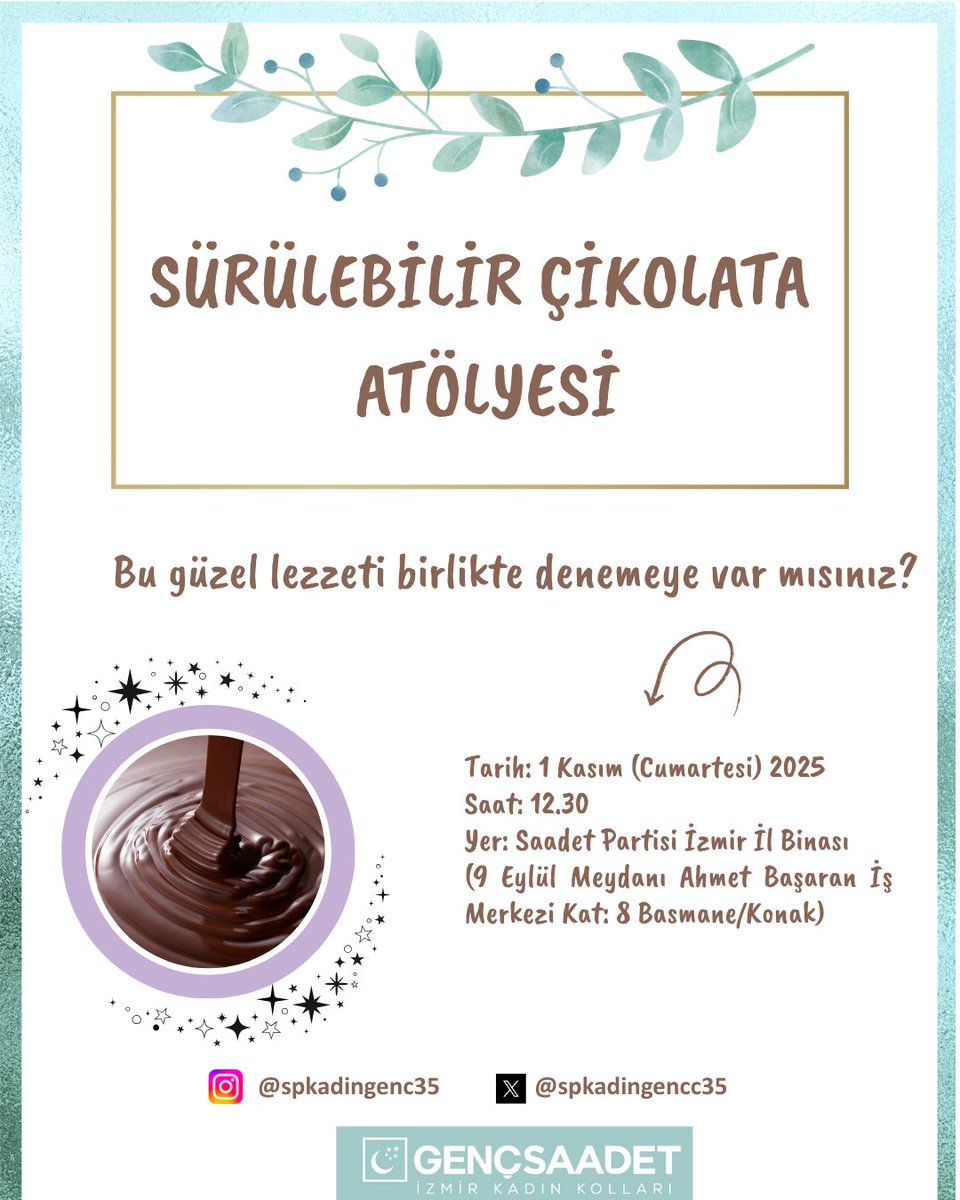 Bu güzel lezzeti birlikte denemeye var mısınız? 💞
Sürülebilir Çikolata Atölyesine davetlimizsiniz. 🌸