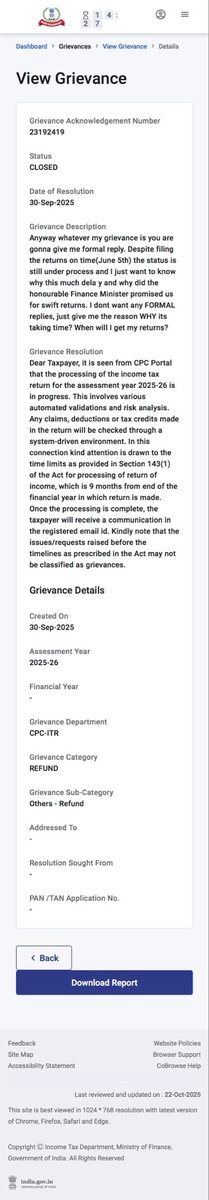 Aashde's tweet photo. Hi @IncomeTaxIndia, I filed and e-verified my ITR on June 5, but it’s still under process. Returns filed later are already processed. My grievance replies are identical. Please advise if any action is needed from my side. https://t.co/p03d68GR3d