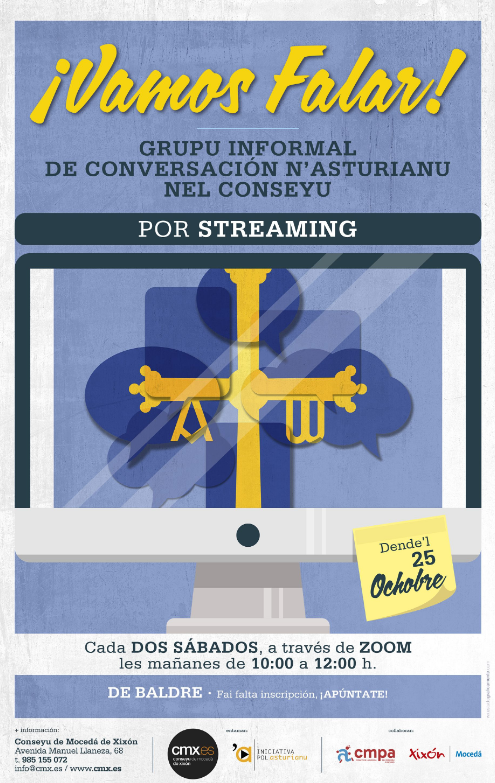 JuventudGijon's tweet photo. 🗣️¡Vamos Falar! - Grupo informal de conversación n’asturianu ‼️

🔷Iniciativa pol Asturianu y CMX convídennos a participar cada 2 sábados en esti grupu de conversación a distancia

✍️Inscripcion👉 https://t.co/L5pTKHI2uF

ℹ️Info👉 https://t.co/26Pl2iaoBm

#llingua #asturianu #CMX https://t.co/h6Cv8g1gDl