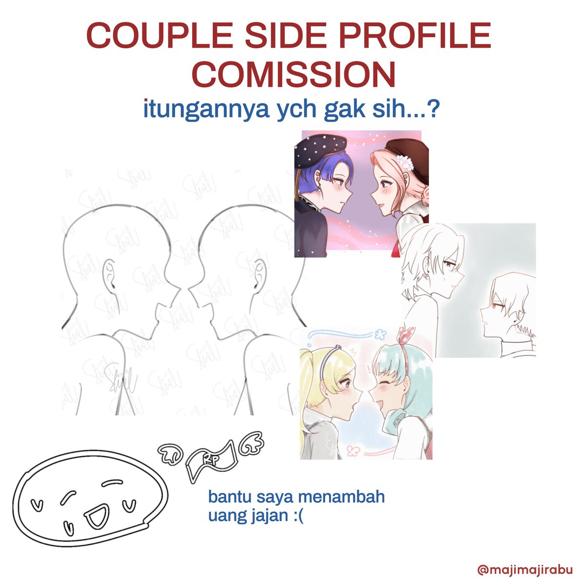 majimajirabu's tweet photo. [rt &amp; likes are very appreciated!]

shuel buka komis ych ala side profile couple berhadapan kyk gini :DD
untuk sekarang baru buka 4 slot aja 👉👈 (bakal nambah sampai etmin merasa cukup)

semisal ada pertanyaan, bisa langsung gedor dm aja buat tanya-tanya ya! ✨ https://t.co/rQQgSYMisY