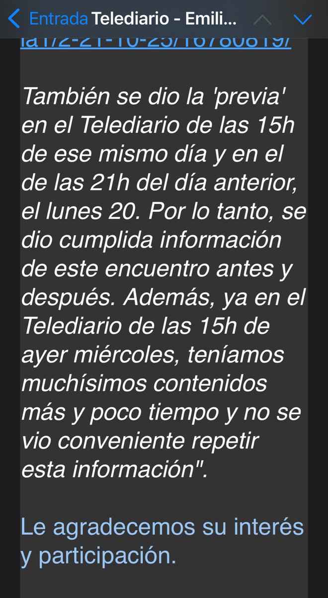 Ojo a la respuesta que la sección de deportes del <a href="/telediario_tve/">Telediarios de TVE</a> de <a href="/rtvenoticias/">RTVE Noticias</a> me da sobre por qué ayer a las 15h no ofrecieron crónica ni goles del partido del <a href="/FCBarcelona_es/">FC Barcelona</a> pero si del resto de los partidos. “Teníamos muchos contenidos más y poco tiempo”. Tócate los pies.