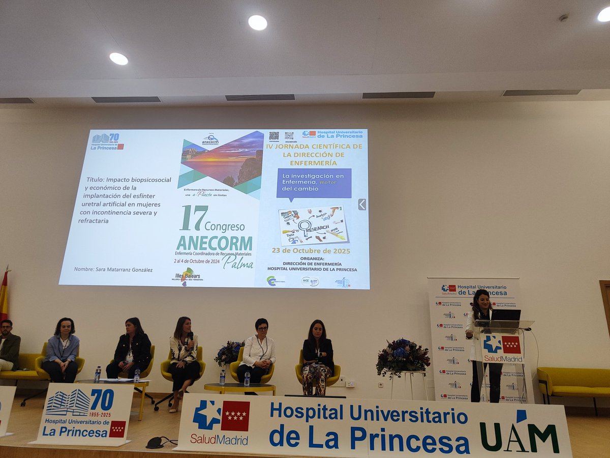Para finalizar la mesa 1️⃣:
Dña. Sara Matarranz González, Supervisora de Urología y Digestivo #HULPR, expone el impacto biopsicosocial y económico de la implantación del esfínter uretral artificial en mujeres con incontinencia urinaria.
#IVJornadaHULPR#SaludUrológica