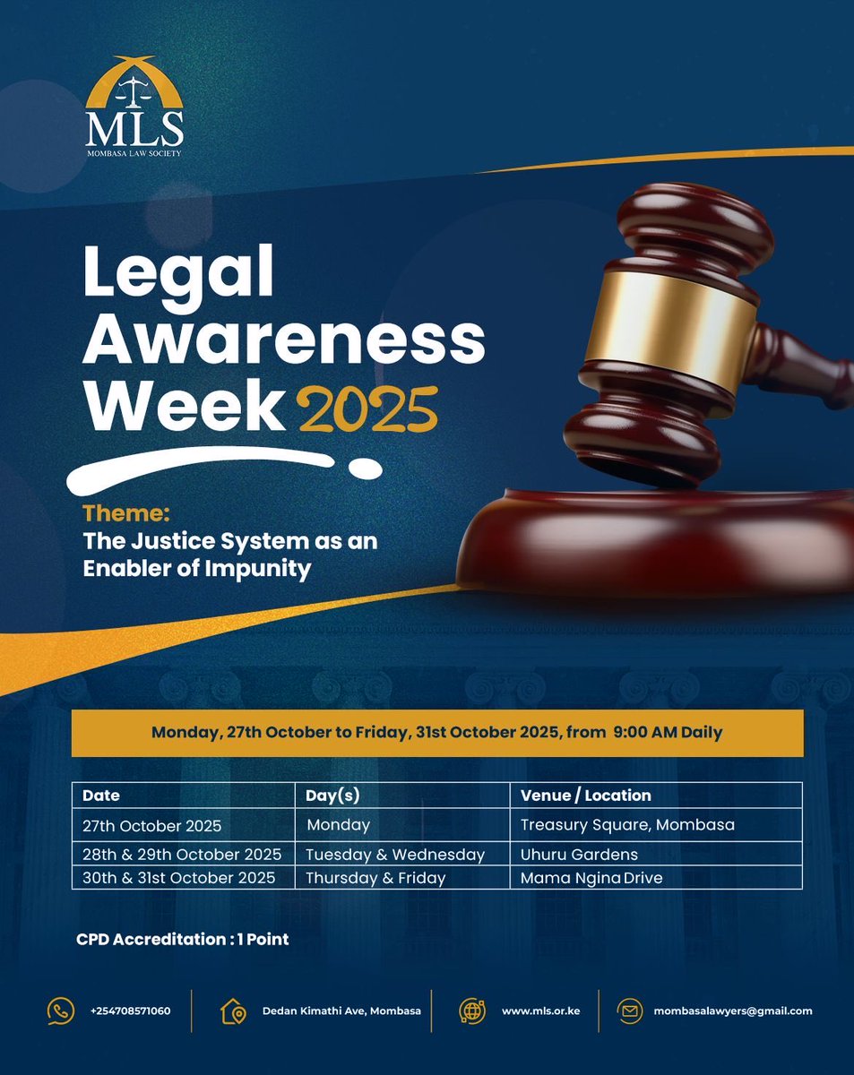 Justice meets awareness. Join us for #LegalAwarenessWeek2025 as we unpack “The Justice System as an Enabler of Impunity.” 🏛️
📍27th–31st October | Mombasa