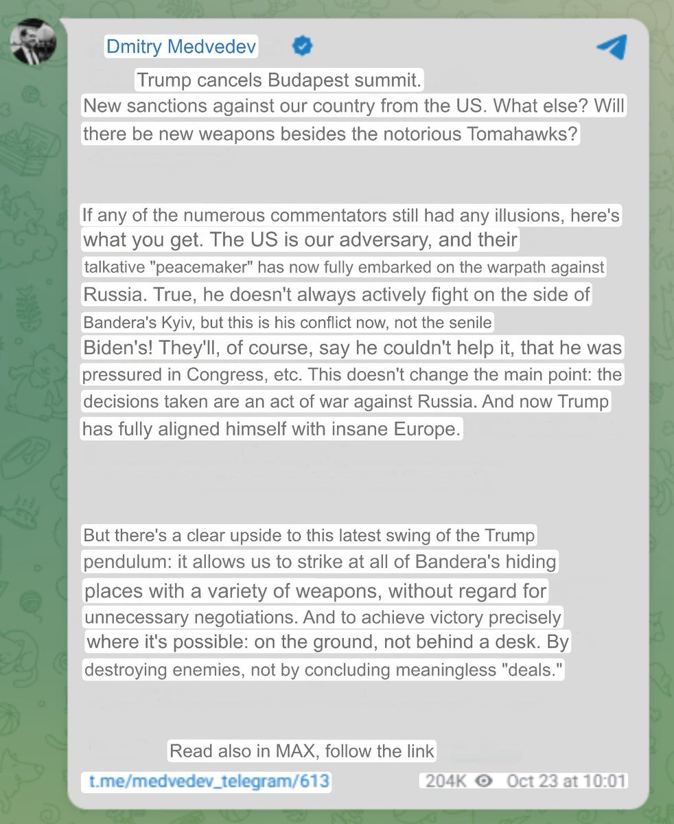 POTUS canceled the Budapest summit rather than endure another Putin history lecture, only for Putin to reject a full ceasefire. 

Trump actually wants peace. Putin wants war. 

And as always, the real warmongers will blame everyone but themselves.