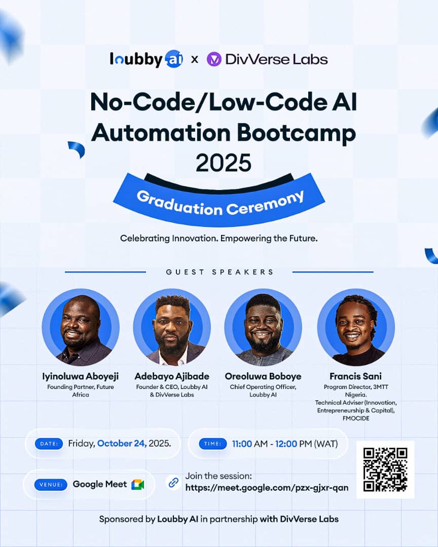 Building Africa’s Future, One Automation at a Time🤖

🎉 We’re celebrating a defining milestone as the first cohort of the Low-Code AI Automation Bootcamp 2025 graduates, a program proudly sponsored by Loubby AI AI in partnership with DivVerse Labs Labs.

Over the past months,