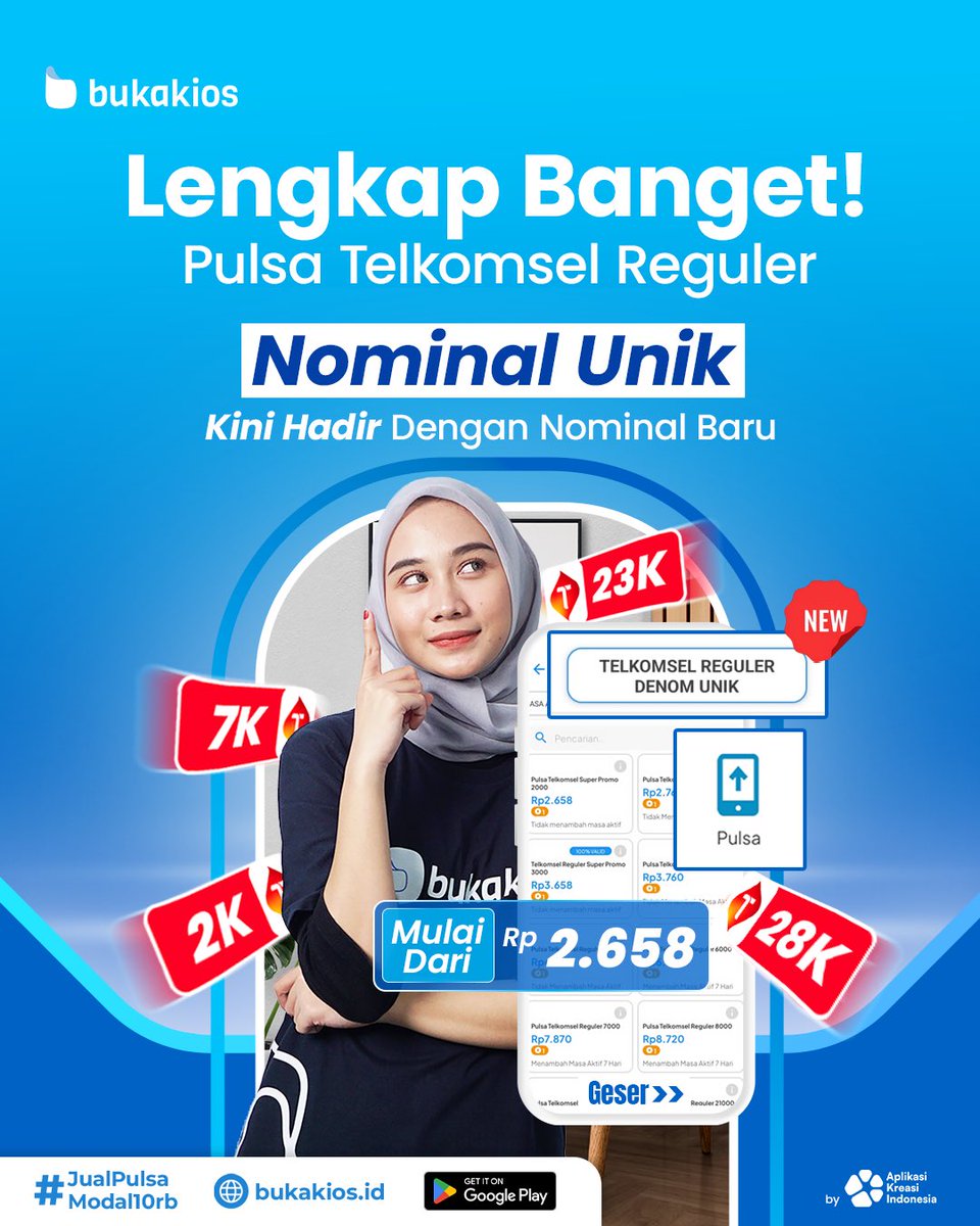 bukakiosnet's tweet image. Nominal Pulsa Unik Telkomsel Kini Hadir di BukaKios!
Pilihan denom lebih lengkap, isi pulsa Telkomsel jadi lebih fleksibel 😍
Jangan lupa infoin ke pelangganmu sob!

✨ Yuk cek di menu:
Pulsa → Telkomsel Reguler Denom Unik

Cuan terus bareng BukaKios!

#BukaKios #PulsaTelkomsel