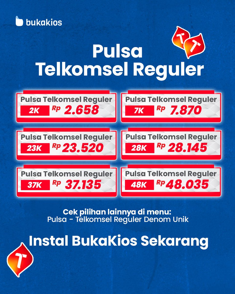 bukakiosnet's tweet image. Nominal Pulsa Unik Telkomsel Kini Hadir di BukaKios!
Pilihan denom lebih lengkap, isi pulsa Telkomsel jadi lebih fleksibel 😍
Jangan lupa infoin ke pelangganmu sob!

✨ Yuk cek di menu:
Pulsa → Telkomsel Reguler Denom Unik

Cuan terus bareng BukaKios!

#BukaKios #PulsaTelkomsel