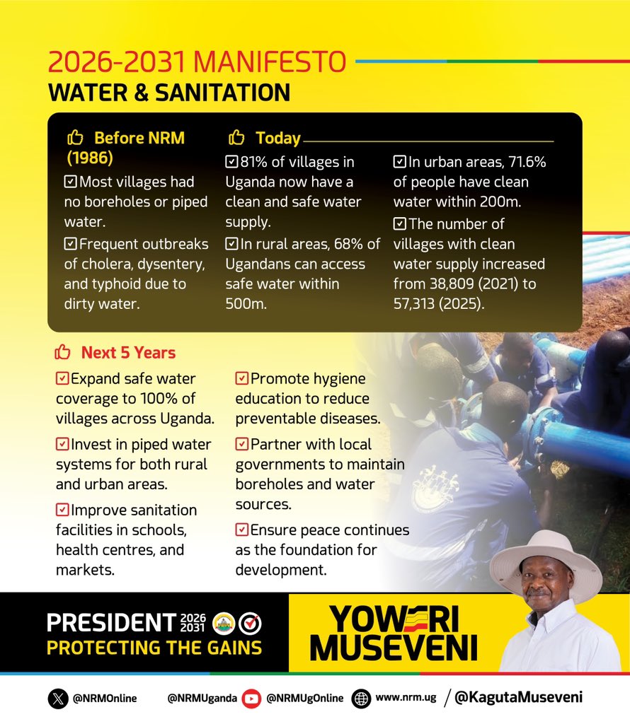 Mutesijanet7's tweet image. Government plans to expand safe water coverage to 100% of villages across Uganda and also promote hygiene education to reduce preventable disease. 
#ProtectingTheGains