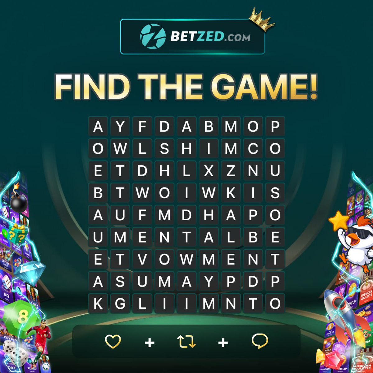 BetzedCom's tweet image. 🧩 Mini Game Time !
👀 Quick Eyes, Fast Hands!
Find the game in the letter table
1⃣ ❤️ + 🔃 this post
2⃣ Comment the first game name you see + UID
#BetZed #MiniGame #Freecode #FreeSpins