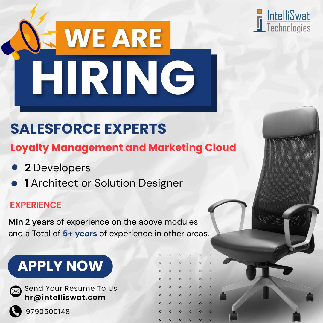 intelliswa88126's tweet image. ๐ Weโre Hiring Salesforce Experts! ๐ผ
Are you passionate about Loyalty Management and Marketing Cloud?
๐ง Send your resume: hr@intelliswat.com
๐ Contact: 9790500148
#WeAreHiring #SalesforceJobs #SalesforceExperts #MarketingCloud #LoyaltyManagement #SalesforceDeveloper