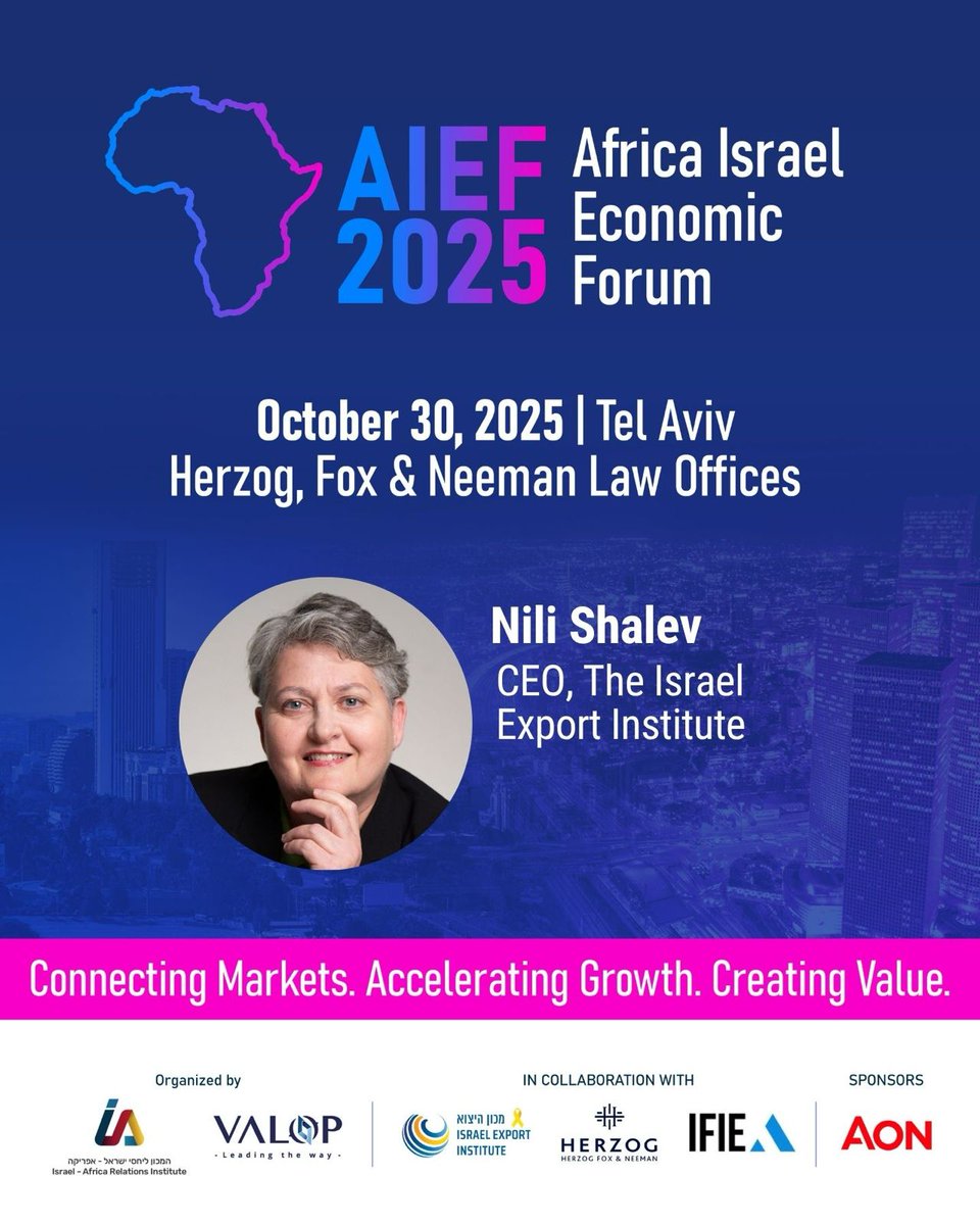 Nili Shalev, CEO of the Israel Export Institute, will take part in AIEF 2025 to discuss how trade partnerships, innovation, and cross-border collaboration can unlock Africa’s vast economic potential.

Under her leadership, the Israel Export Institute has been advancing global