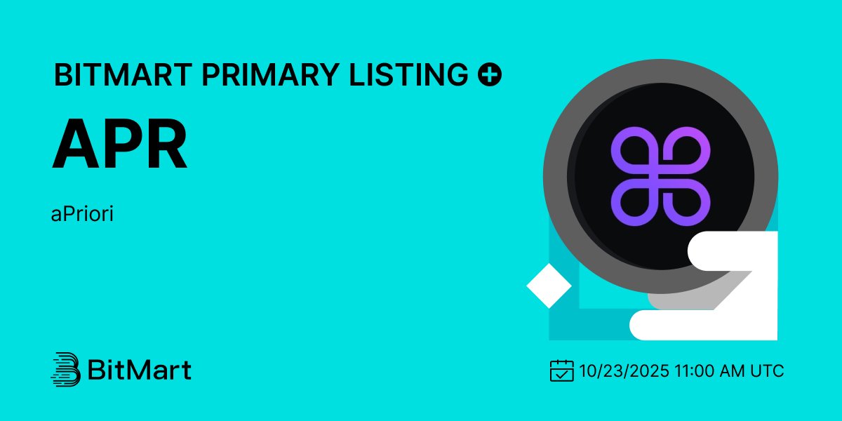 #BitMart announces the primary listing of aPriori (APR) <a href="/aPriori/">aPriori ⌘</a> 🔥

aPriori, the intelligent order flow coordination layer for high-performance blockchains.

💰Trading pair: APR/USDT
💎Deposit: Available
💎Trading: 10/23/2025 11:00 AM UTC

Learn more: bitmart.zendesk.com/hc/en-us/artic…