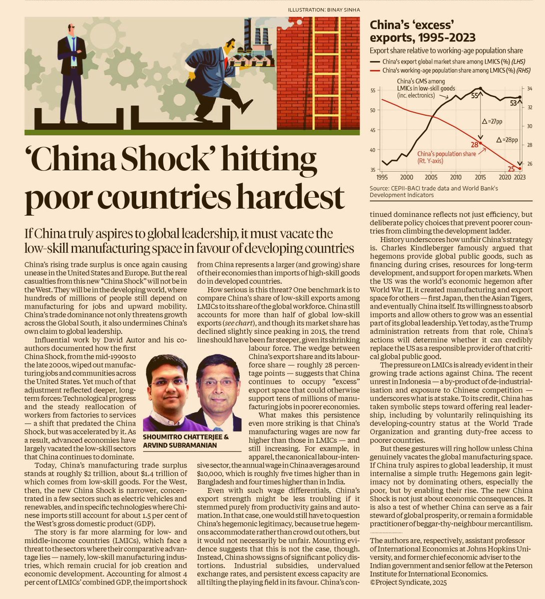 Look who now has advice for China 😂A former Indian CEA.

Saar's summary pitch: “If Beijing truly aspires to global leadership, it must vacate low-skill manufacturing space so poorer nations can climb the ladder. Don’t crowd out the Global South and please make space for others’