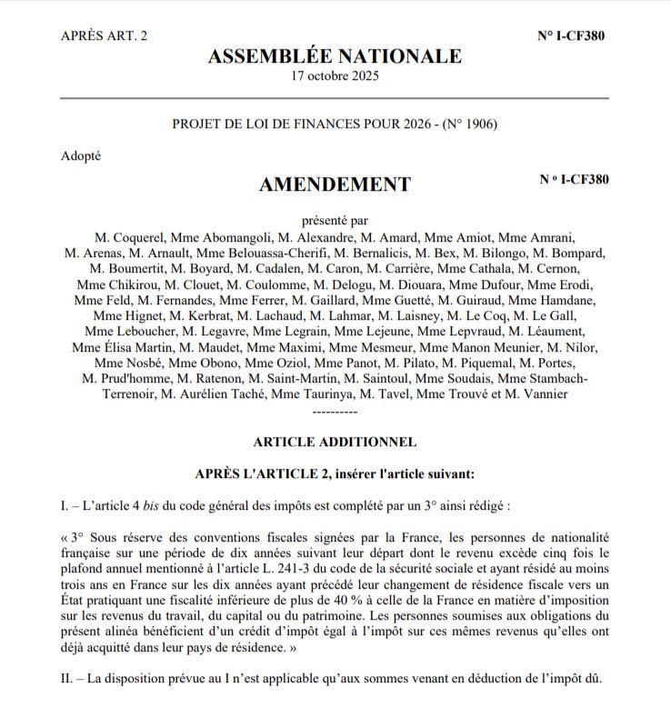 LOS CIUDADANOS FRANCESES PAGARÁN IMPUESTOS GLOBALES

🇫🇷 Francia acaba de proponer oficialmente un impuesto global para el Presupuesto Nacional de 2026.

Los ciudadanos franceses pagarán impuestos sobre su ingreso global si se mudan a un país con impuestos un 40% más bajos que los