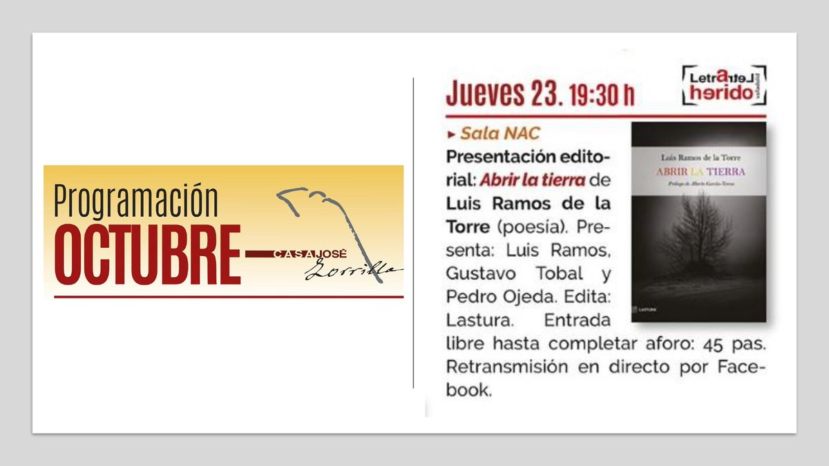 Esta tarde, en #ValladolidLetraherido, nos visita Luis Ramos para presentarnos su nuevo libro de poemas, "Abrir la tierra", un alegato contra el olvido y una reivindicación de las víctimas. Nos acompañará Gustavo Tobal Calvo <a href="/CasaZorrilla/">Casa Museo Zorrilla</a>