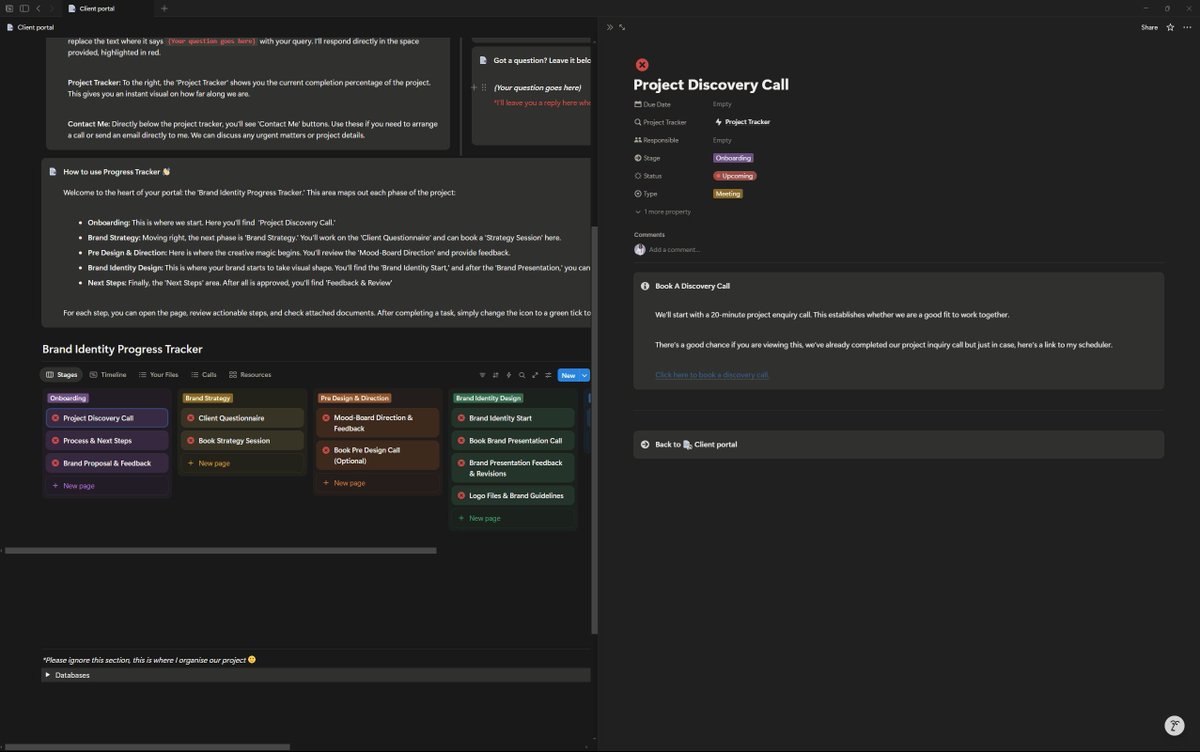 formstate_'s tweet image. I recently built a client portal on Notion to make my onboarding process smoother.
Everything—from project timelines to feedback and deliverables—is organized in one place.
It’s made collaboration easier and the client experience way more seamless.