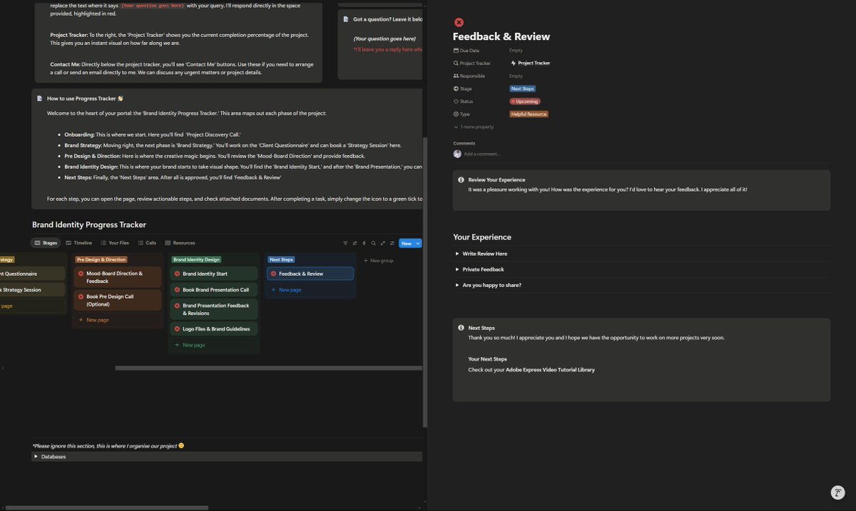formstate_'s tweet image. I recently built a client portal on Notion to make my onboarding process smoother.
Everything—from project timelines to feedback and deliverables—is organized in one place.
It’s made collaboration easier and the client experience way more seamless.