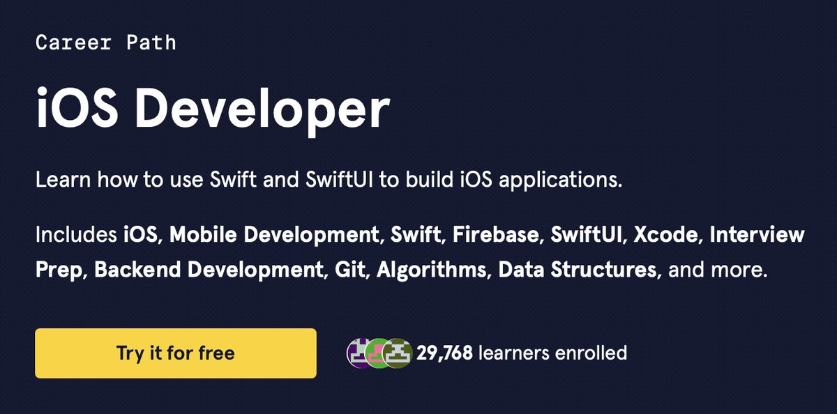 indieupme's tweet image. FLASH SALE! 50% off Codecademy Pro Annual with code SPOOKY.
I went through their iOS Developer path myself — it’s a great structured start if you’re learning Swift and SwiftUI.
pntrac.com/t/2-503951-375…