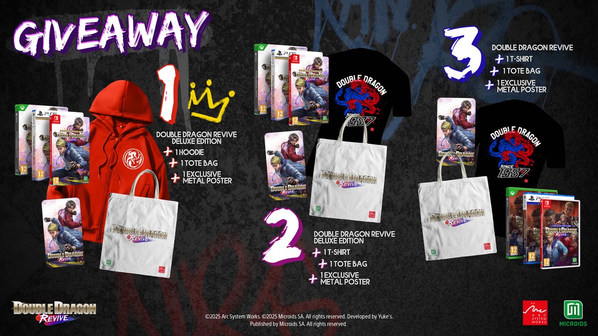 #DOUBLEDRAGONREVIVE GIVEAWAY 🐲🔥

Celebrate the launch of Double Dragon Revive TODAY with an epic giveaway and 3 awesome prizes!

HOW TO ENTER:
✅ RT + LIKE + Follow <a href="/Microids_off/">Microids</a> 
✅ Follow youtube.com/@MicroidsOff 
✅ Tag a friend you'd team up with to take down the Shadow