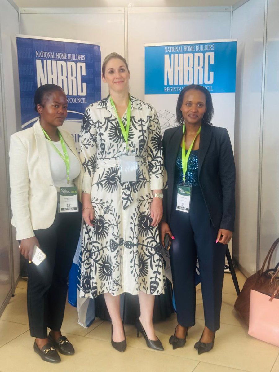 NHBRC's tweet image. The NHBRC Acting Chief Executive Officer Tamlyn Bouwer, Ntombi Mtshali, Gauteng Provincial Manager and Millicent Kabwe, Executive CEMD for Business Services, at the 3rd Annual CSOS Indaba 2025 held at The Canvas, Riversands, Johannesburg.