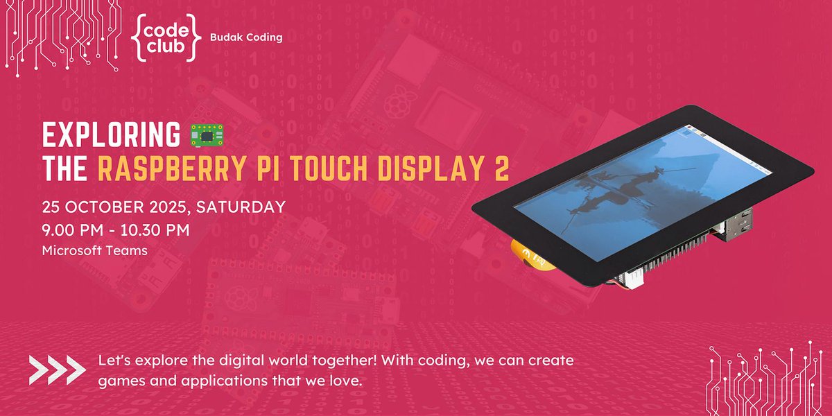 Raspberry_Pi's tweet image. If you'd like to learn more about how to use the new Raspberry Pi Touch Display 2, Budak Coding Code Club is hosting an interactive 1.5-hour session.
Best bit? It's online so we can all attend!
Happening THIS Saturday morning. 
Details 👉 events.raspberrypi.com/community/542e…