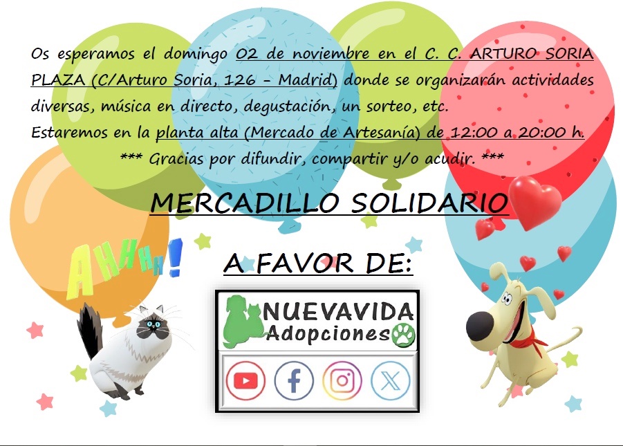 #madrid 
El próximo dia 2 de Noviembre nos vemos en 𝗠𝗘𝗥𝗖𝗔𝗗𝗜𝗟𝗟𝗢 𝗦𝗢𝗟𝗜𝗗𝗔𝗥𝗜𝗢 𝗡𝗨𝗘𝗩𝗔 𝗩𝗜𝗗𝗔 𝗔𝗗𝗢𝗣𝗖𝗜𝗢𝗡𝗘𝗦 𝗠𝗔𝗗𝗥𝗜𝗗 
Lugar: Centro Comercial Arturo Soria,en C/Arturo Soria 126 de 12 a 20 horas. 
!!NO puedes faltar,nos vemos alli!!