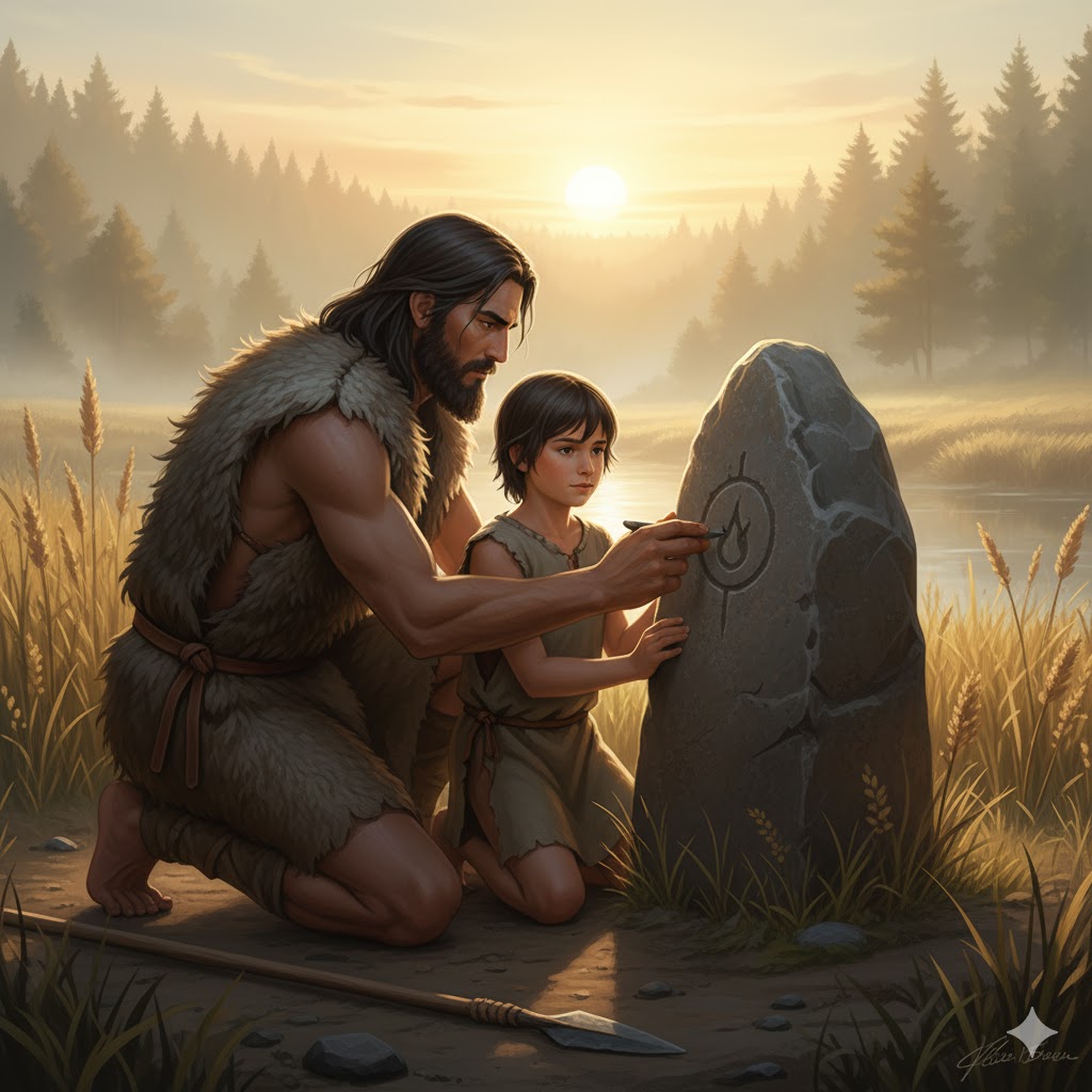 BloodlineEons's tweet photo. 9/ Dawn breaks cold over the reeds where we once taught silence. Toren's hand in mine, small but steady we etch Elara's mark on the sacred stone. Her fire lives in us now. Pain forges the strongest spears. #EnduringLegacy #BloodlineEons https://t.co/yCnnvyBiDD