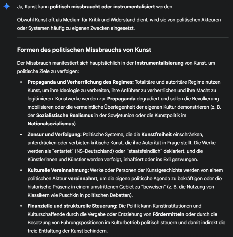 <a href="/Philipp_Straehl/">Philipp Straehl</a> Kunst kann missbraucht werden, auch politisch.
"Gemini" weist z.B. auf folgende Punkte hin: