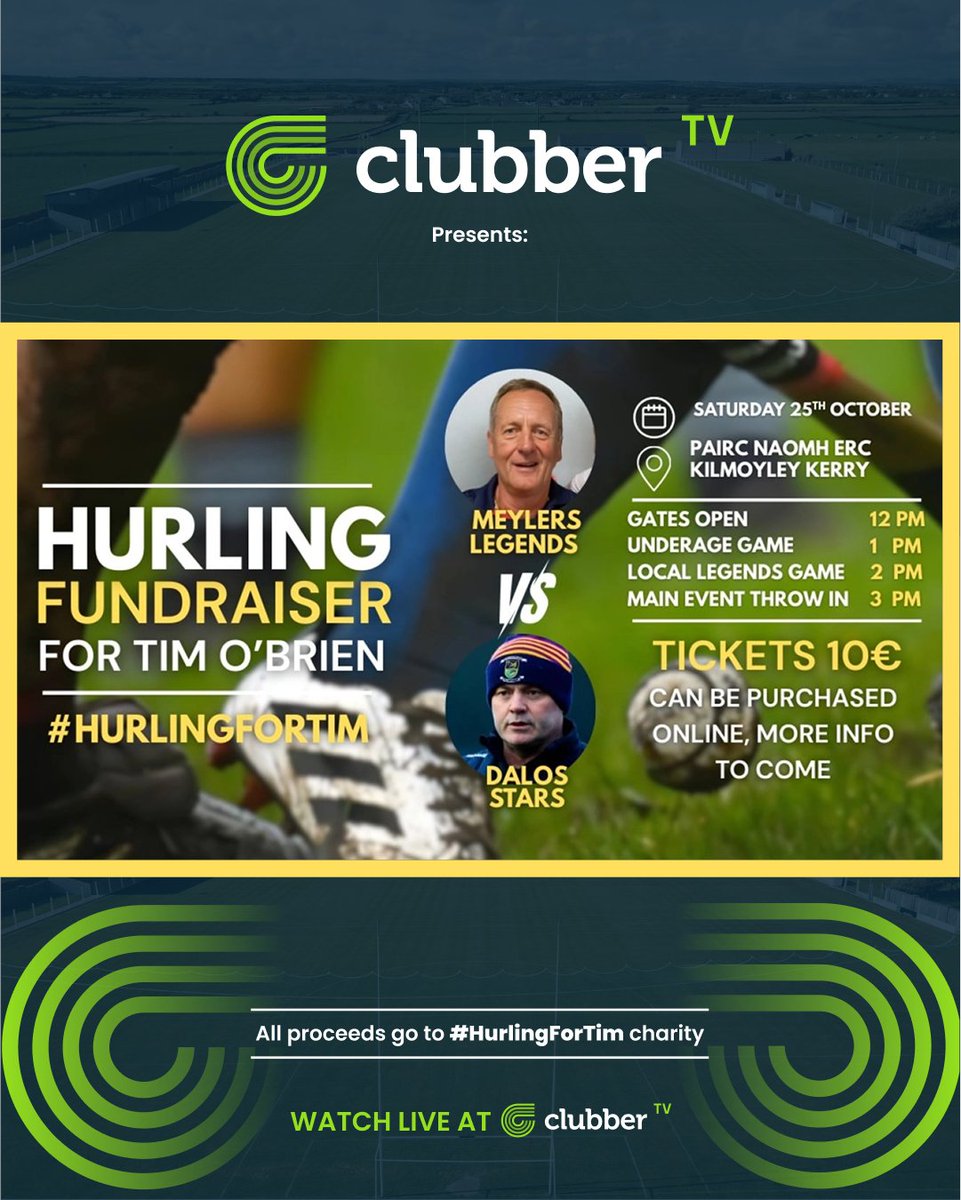 clubber's tweet image. The Hurling Fundraiser for Tim O'Brien is this Saturday and it will be broadcast live on #ClubberTV

Meyler's Legends 🆚 Dalo's Stars, 3pm

Show your support on Saturday in @KilmoyleyHC or by tuning in to Clubber TV, or donate using the QR code.

#HurlingForTim | @HurlingforTim