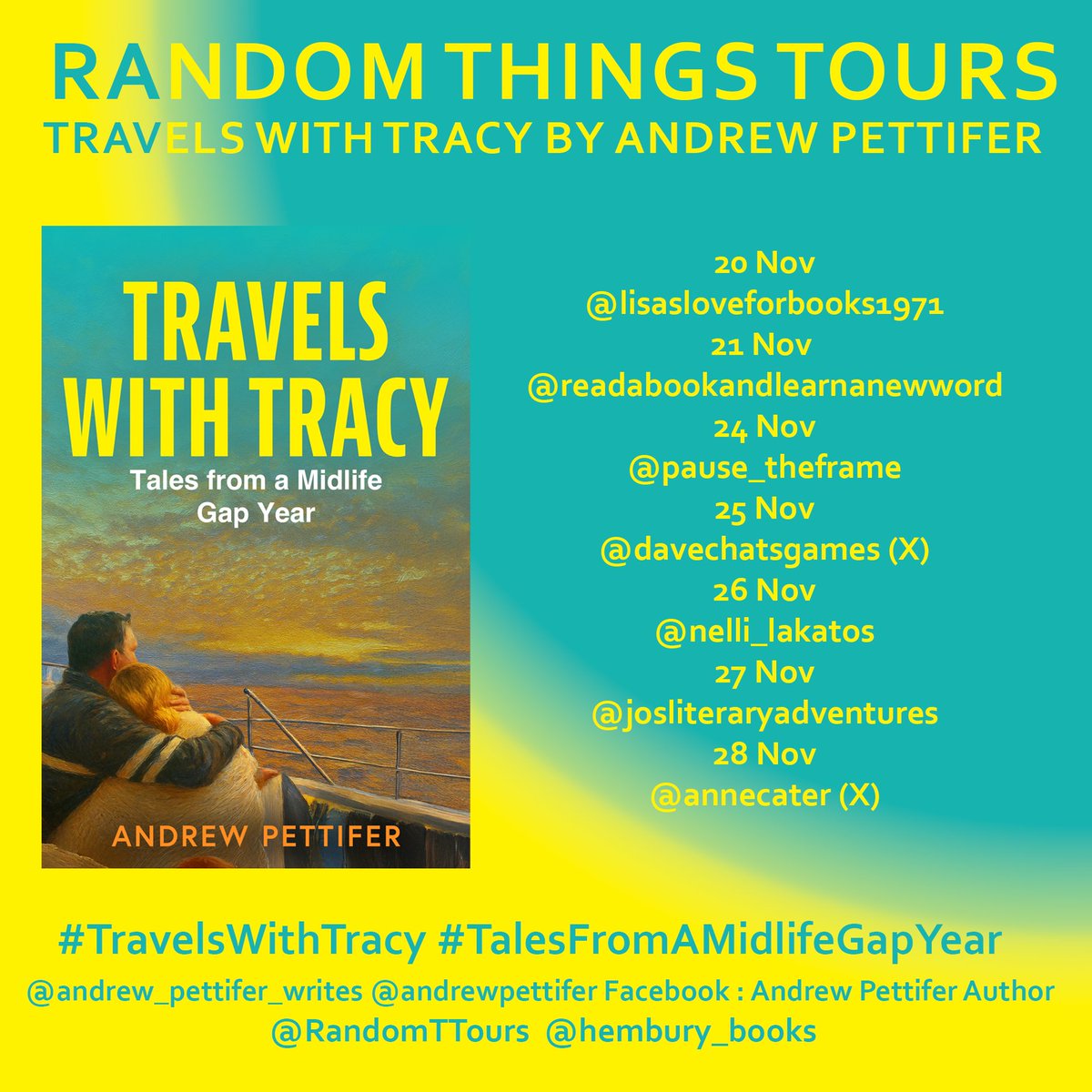 Delighted to organise this #RandomThingsTours Blog Tour for #TravelsWithTracy by <a href="/andrewpettifer/">Andrew Pettifer</a> 
Begins 20 November 

<a href="/davechatsgames/">Dave Chats Games and Books</a> 
<a href="/annecater/">Anne Cater 🇺🇦 🏳️‍🌈</a>