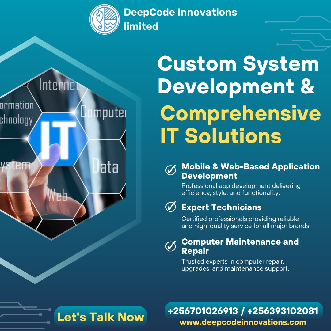 Deepcodein's tweet image. Unlock smarter business operations with custom system development and reliable IT support  built to fit your needs! 
#ICTServices #SystemDevelopment #TechSolutions #DeepCodeInnovation