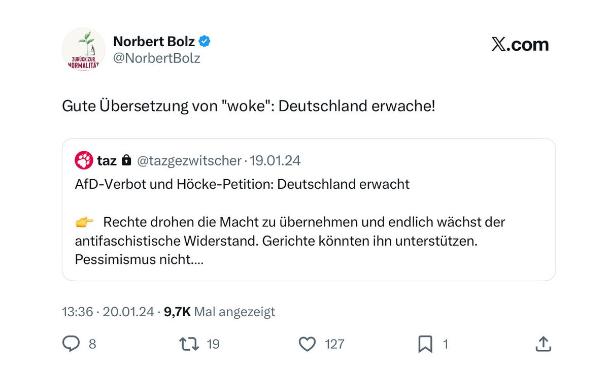 Weil alle nur diesen körnigen, alten Screenshot von dem Tweet haben, für den es heute morgen eine Hausdurchsuchung bei <a href="/NorbertBolz/">Norbert Bolz</a> gab: taz-Follower können das Gesamtkunstwerk aus dem Ausland nach wie vor abrufen.