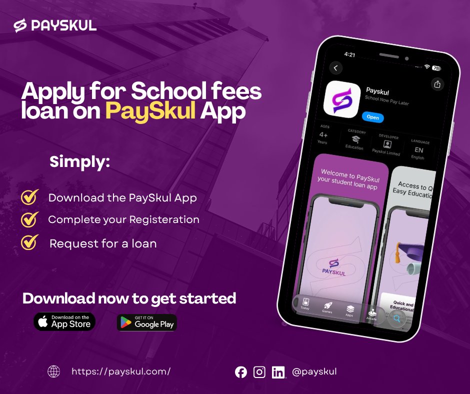 PayskulApp's tweet photo. 🎓 Make your education dreams a reality with PaySkul! 💜
No more worries about school fees — get the support you need in just a few taps.
Start your journey to stress-free learning today. 🚀
#PaySkul #SchoolFeesMadeEasy #StudentLoan #PayLater #EducationSupport #StudySmart https://t.co/F6xtCDl3ZM