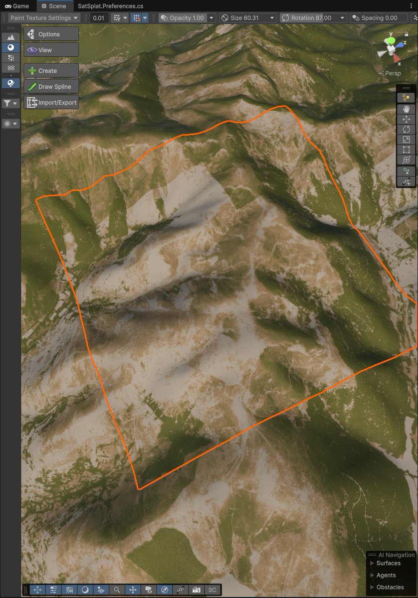 Beloudest's tweet image. A new challenge to solve for Sat Splat: using large datasets of satellite images will reveal mosaic borders of image sets taken at different times in a region's season, causing inconsistent colors. Maybe AI can rescue...
#gamedev #AI #GIS