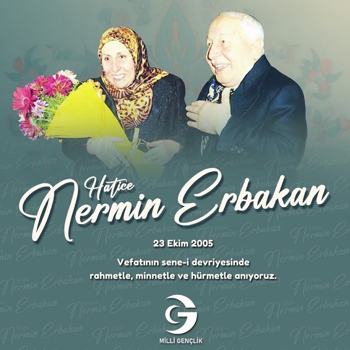 Sabır, vakur duruş ve vefanın timsali…
Milli Görüş davasının sessiz kahramanı, merhum Prof. Dr. Necmettin Erbakan Hocamızın muhtereme eşi Hatice Nermin Erbakan Hanım’ı vefatının yıl dönümünde rahmet, minnet ve hürmetle anıyoruz.