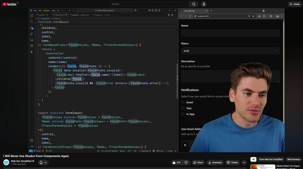 alibey_10's tweet image. WebDevSimplified dropped a must-watch tutorial on using the new Field component with React hook form and Tanstack form. He covered the basics and some advanced use cases