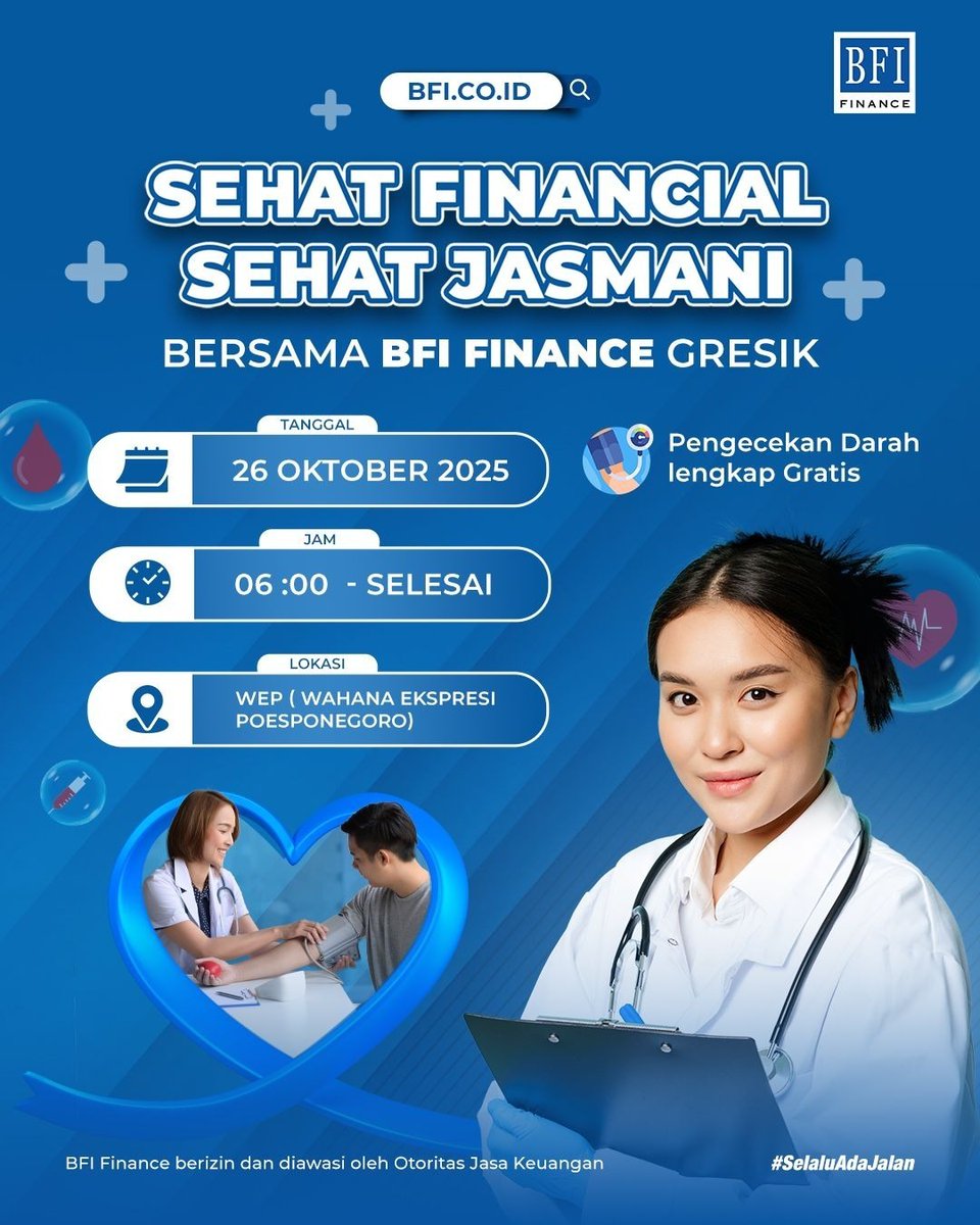 radargresik's tweet image. Warga Gresik, mari manfaatkan kesempatan emas! Pengecekan Darah Lengkap GRATIS bersama BFI Gresik.

Minggu 26 OKTOBER 2025 di WEP
Mulai: 06:00 WIB

Sehat Financial, Sehat Jasmani. Kami tunggu kehadirannya! BFI Finance, Berizin dan Diawasi OJK. #SelaluAdaJalan #BFIFinance #Gresik