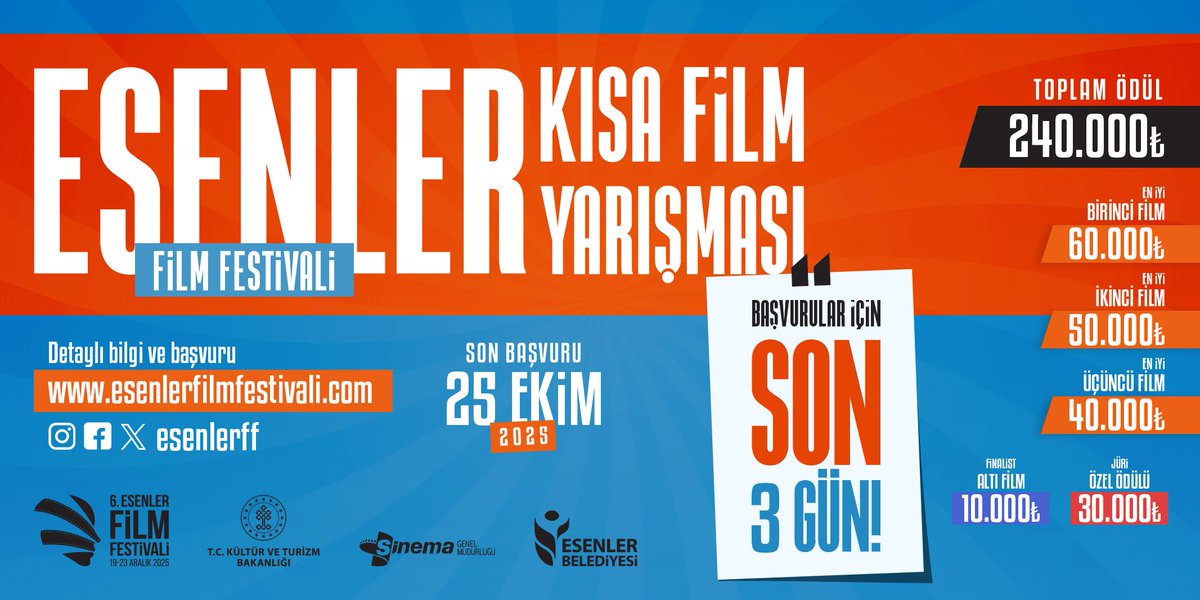 🌟 Toplam 240 bin TL ödüllü Esenler Film Festivali Kısa Film Yarışması başvuruları için son 3️⃣ gün!

Kurmaca, belgesel, animasyon ve deneysel türlerde filmler yarışmaya başvurabilir. ✨

🏆 Bu yılın ödülleri:

🥇 En İyi Film: 60 bin TL
🥈 En İyi 2. Film: 50 bin TL
🥉 En İyi 3.