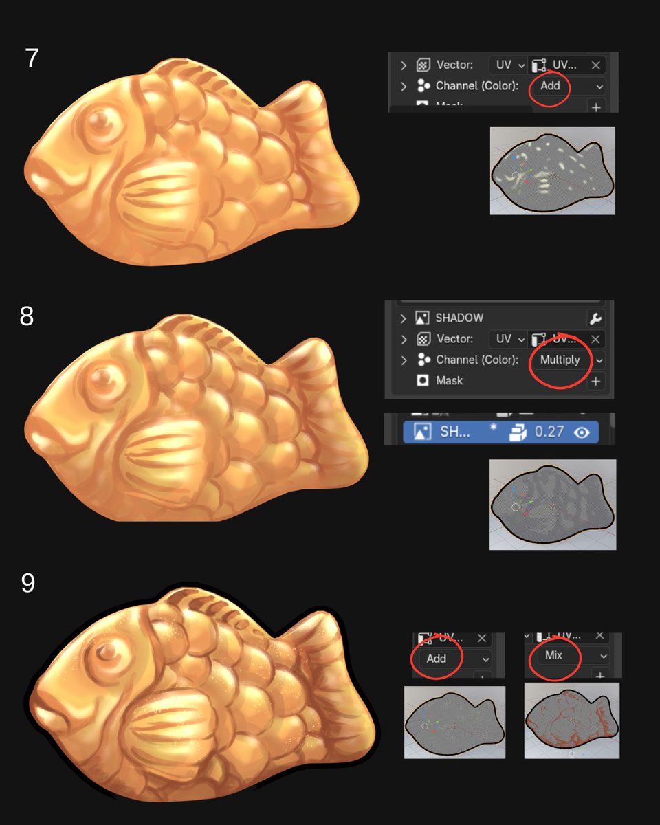 Another how  to infographic series, this time it's how I painted the taiyaki! Also here is the way to use clipping mask like procreate (Slide 2).

I've made it in Blender 4.5 &amp; Ucupaint.
