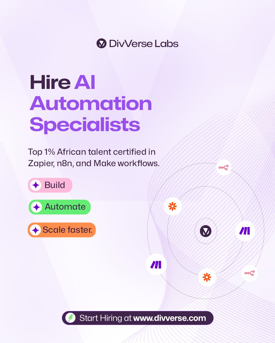 Need help building automation flows that save time and drive results?

Hire top African automation experts certified in Zapier, n8n, and Make to help you streamline operations effortlessly.

Visit divverse.com to get started

#DivVerseLabs #AI#AIAutomation