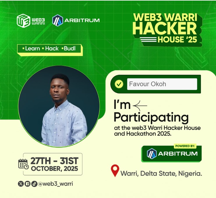 _favourz's tweet image. Just arrived early in the city of Warri for the @web3_warri X @arbitrum hacker house.
Time to build incredible things 😊
Pumped 🔥