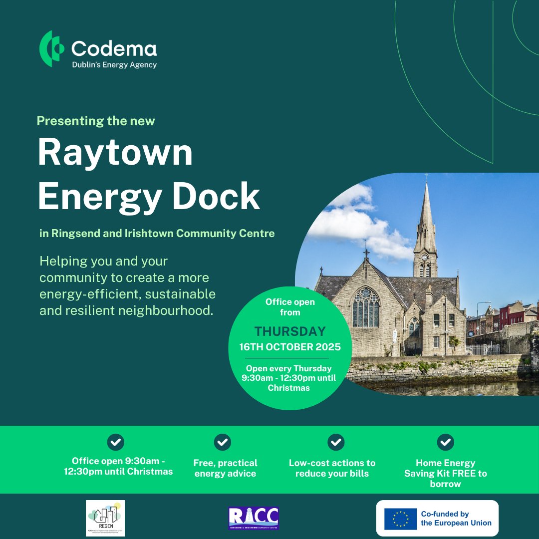 Codema (@codemadublin) on Twitter photo 🎉 We are delighted to announce that the Raytown Energy Dock is now open!
We're here today & every Thursday from 9:30-12:30 at the Ringsend & Irishtown Community Centre for free, practical energy advice.
Learn more and book your energy clinic slot now: bit.ly/3L5HDde 🎉 We are delighted to announce that the Raytown Energy Dock is now open!
We're here today & every Thursday from 9:30-12:30 at the Ringsend & Irishtown Community Centre for free, practical energy advice.
Learn more and book your energy clinic slot now: bit.ly/3L5HDde