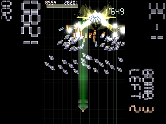 TurretHunter's tweet photo. rRootage gameplay. "Boss" fights with complex bullet hell patterns that get progressively more dense and difficult. Unfortunately, it's an old game, so it's at a smaller resolution, and the denser patterns slow down the game like crazy. https://t.co/HMwLMtUoAs